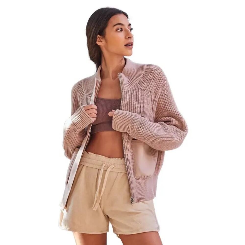 Varley Delfern Zip Up Knit Sweater Mauve Pink Size Large